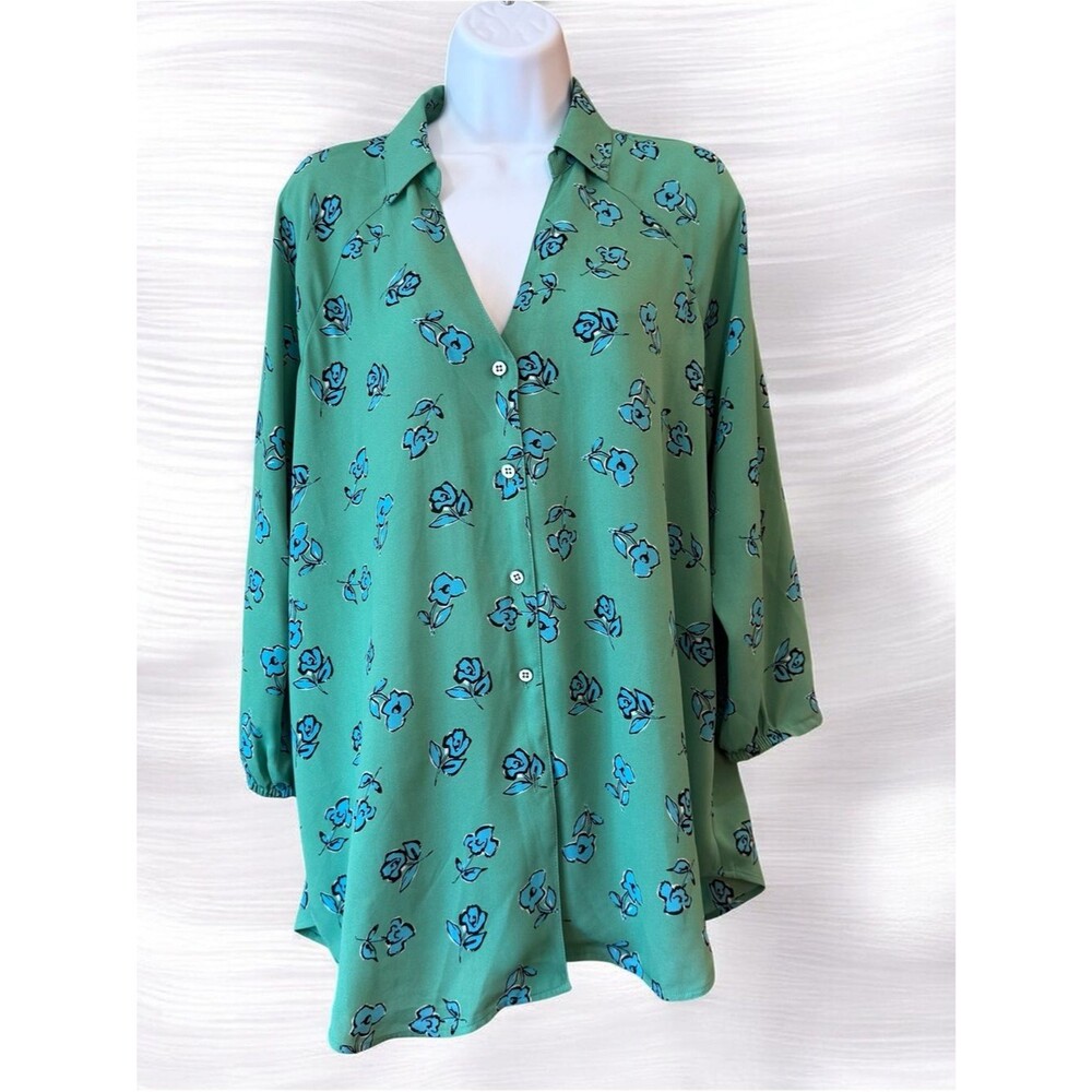 Cabi Go-To Blouse Green Floral Button Down cottagecore V Neck Oversized Small